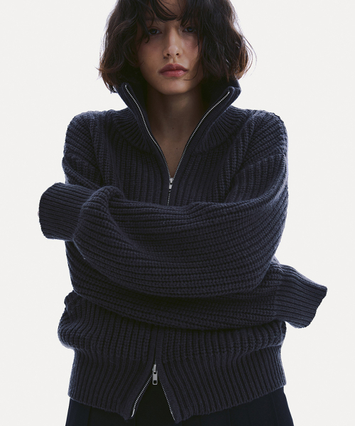OVERSIZED FULL ZIP-UP KNIT BLOUSON_ CHARCOAL