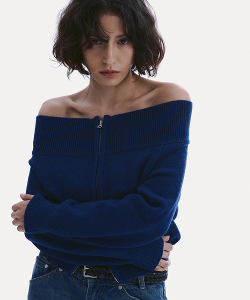 WOOL BLEND OFF-SHOULDER ZIP-UP KNIT_ BLUE