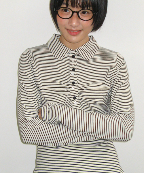 SHIRRING STRIPE BUTTON LONG SLEEVE IVORY BLACK