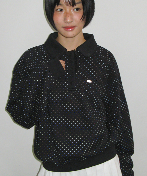 DOT FRILL HENRYNECK SWEATSHIRT BLACK