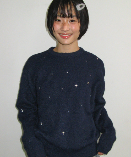 HAIRY PEARL EMBROIDERY KNIT NAVY