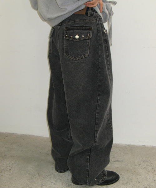 STUD BALLOON DENIM PANTS BLACK