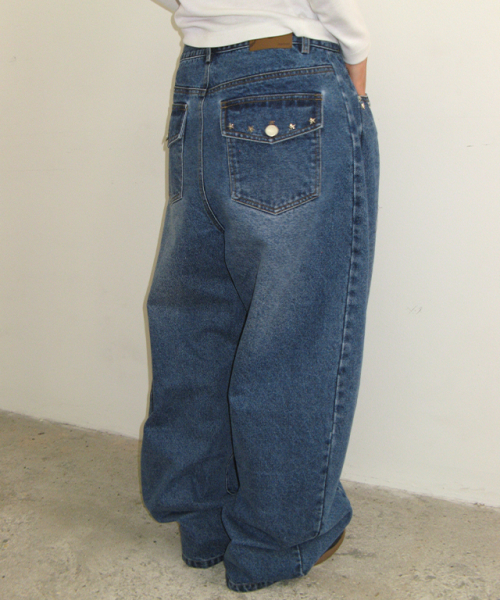STUD BALLOON DENIM PANTS MEDIUM BLUE