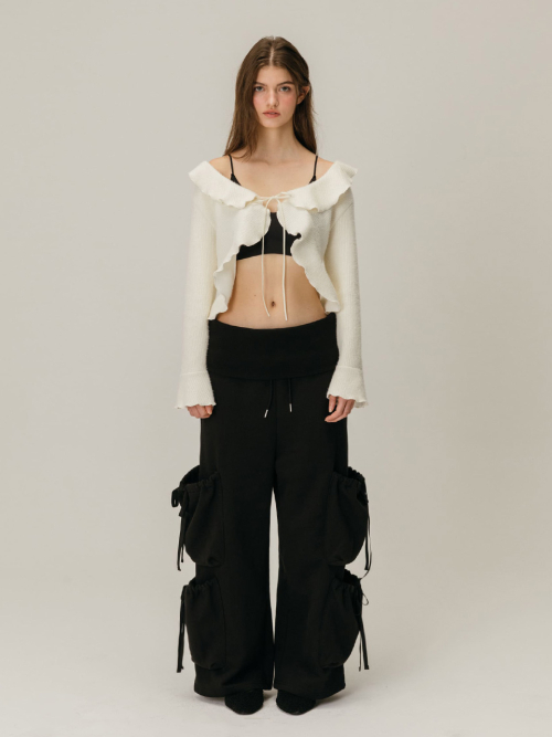 FOLDOVER SHIRRING SWEATPANTS / BLACK