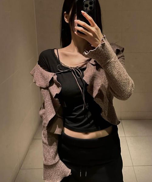 FRILL STRAP CARDIGAN / BROWN