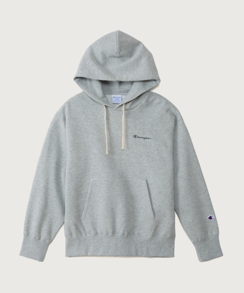 여성 스몰 스크립트 로고 루즈핏 기모 후드 티셔츠 Oxford Grey