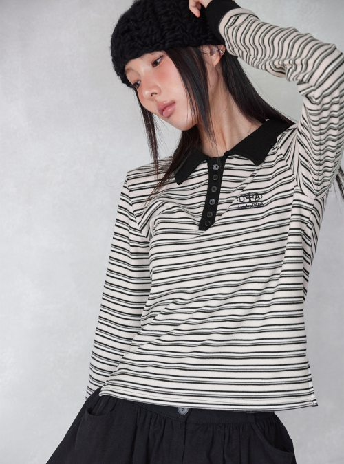MULTI-STRIPE SLIM COLLAR T-SHIRT, CREAM