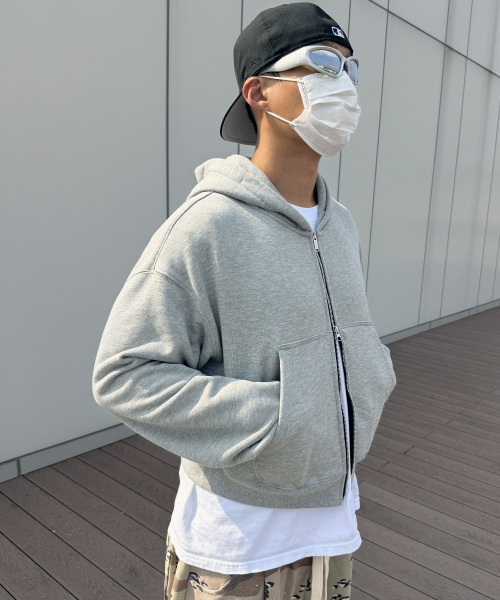 Edition8.DIA sweatshirt two-way cropped hooded zip-up (Grey Melange)