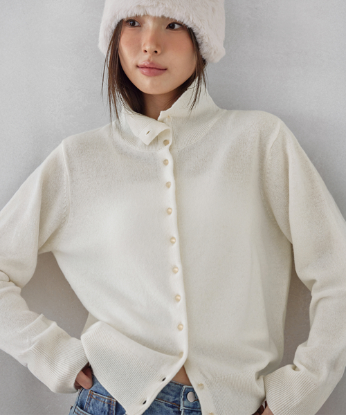 HIGH-NECK BUTTON WOOL CARDIGAN, IVORY
