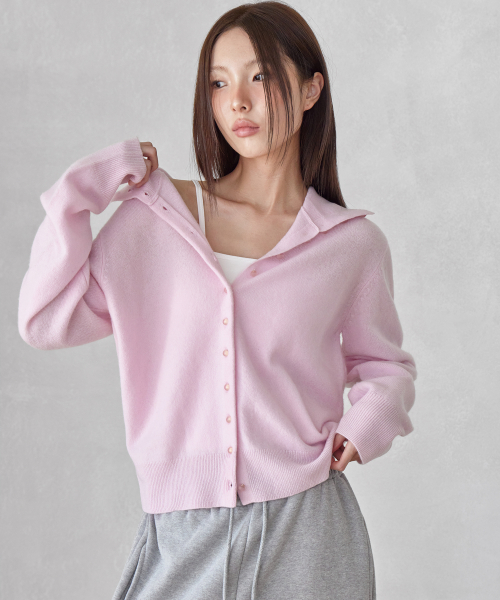 HIGH-NECK BUTTON WOOL CARDIGAN, PINK