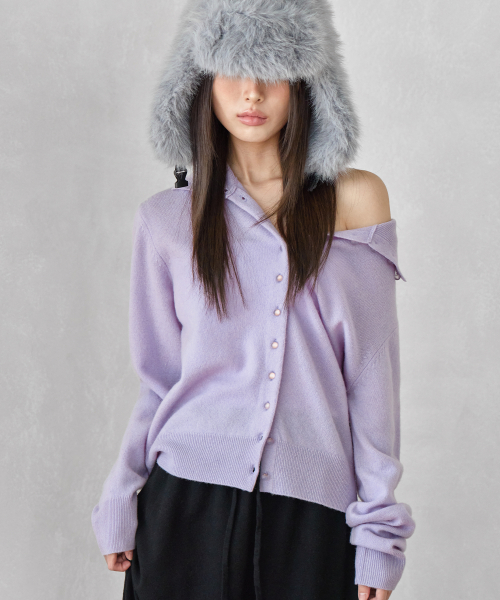 HIGH-NECK BUTTON WOOL CARDIGAN, LAVENDER