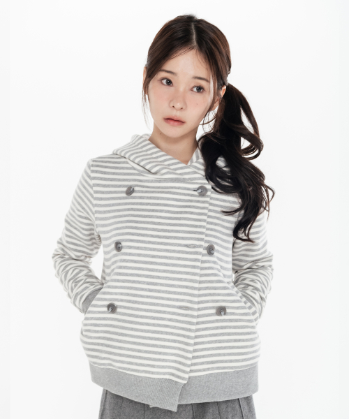 Double Button Stripe Hooded Jacket_Cream Melange Gray