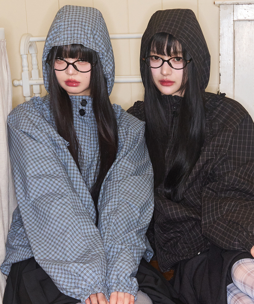 OBLIQUE FRILL HOODED JACKET CHECK BLUE