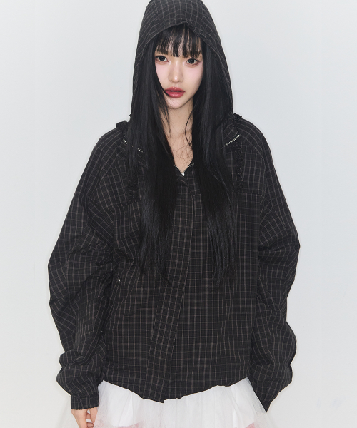 OBLIQUE FRILL HOODED JACKET CHECK GREEN