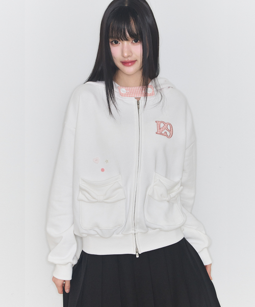 CHECKER BOW POCKET HOODED ZIP-UP WHITE
