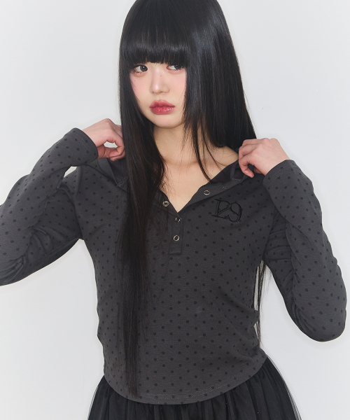 129 BUTTON HOODIE LONG SLEEVE DOT CHARCOAL