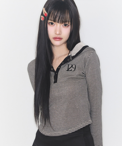 129 BUTTON HOODIE LONG SLEEVE BEIGE BLACK