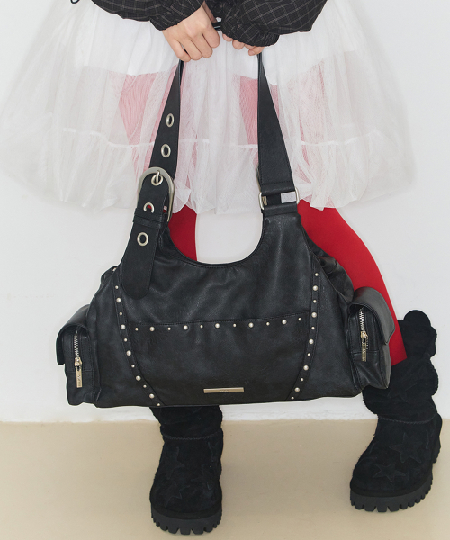 LOOP DOUBLE POCKET SHOULDER BAG BLACK