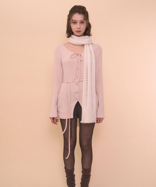 STRAP LONG SLEEVE CARDIGAN-CREAM PINK