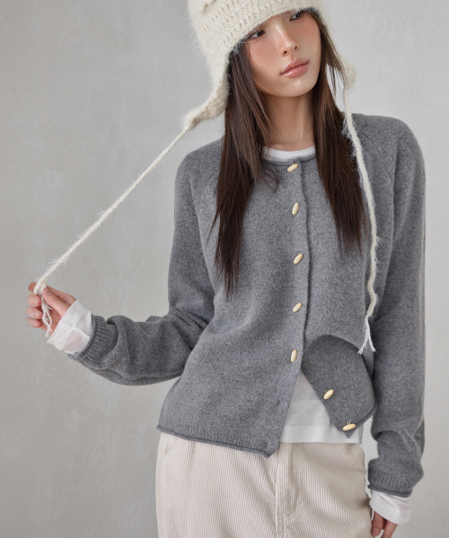 WOOL BLENDED OVAL BUTTON CREW-NECK CARDIGAN, GREY