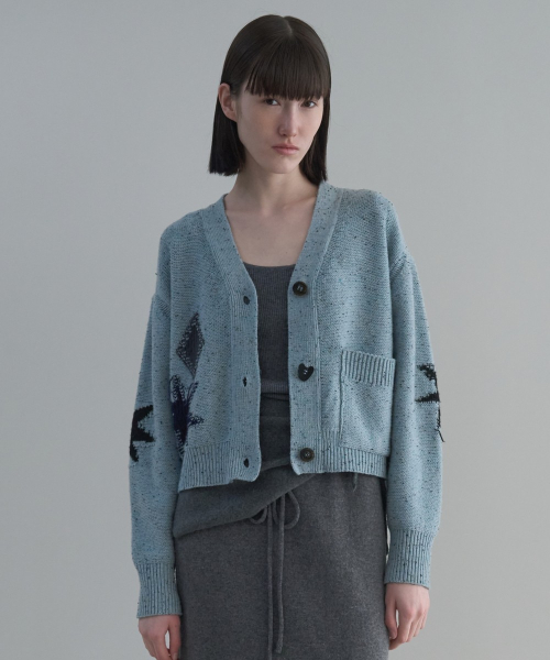 Nep Yarn Jacquard V-Neck Cardigan [BLUE]