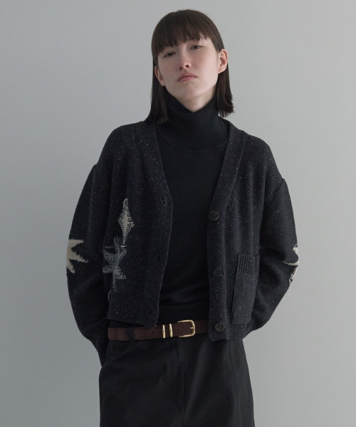 Nep Yarn Jacquard V-Neck Cardigan [CHARCOAL]