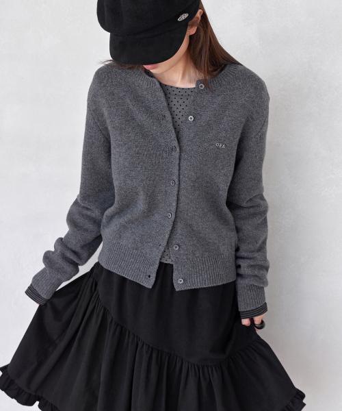 SIGNATURE CREW-NECK WOOL CARDIGAN, CHARCOAL