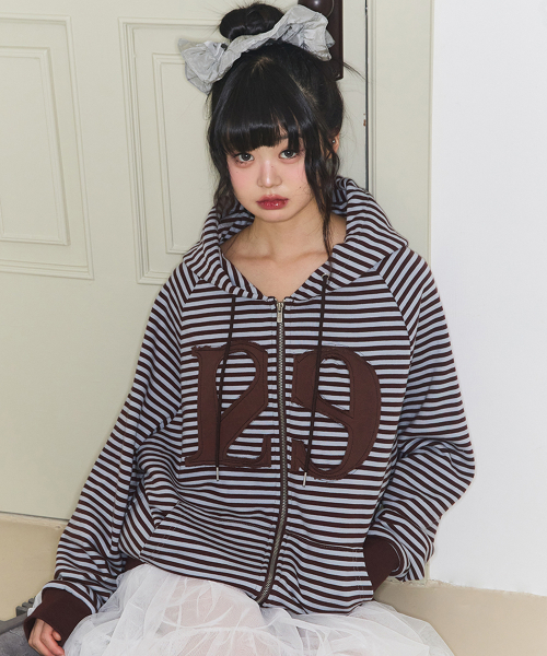 129 LOGO PATCH HOODIE ZIP-UP STRIPE BROWN