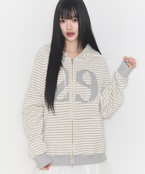 129 LOGO PATCH HOODIE ZIP-UP STRIPE IVORY