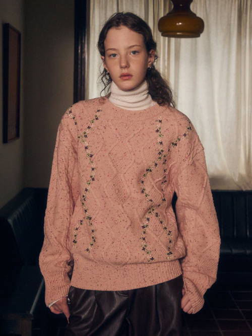 Flower Embroidery Cable Knit Pullover MU2599PO902M_2color