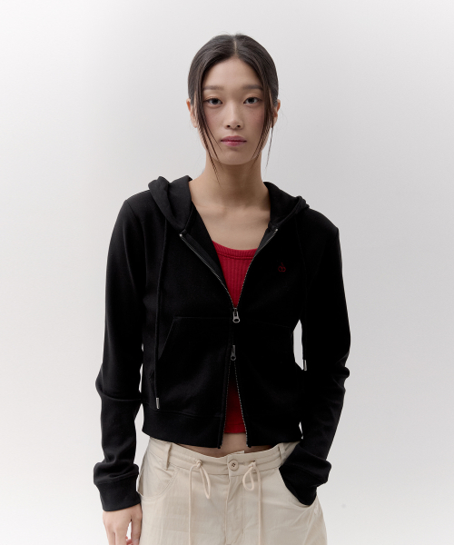 PLAIN SLIM-FIT HOODED ZIP-UP [BKA]