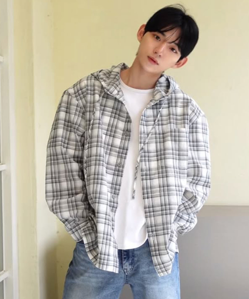 Checkered Overfit Hooded Shirt - 2color