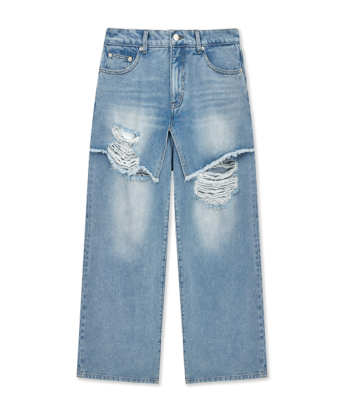 FRONT LAYERED DISTRESSED DENIM PANTS IN BLUE