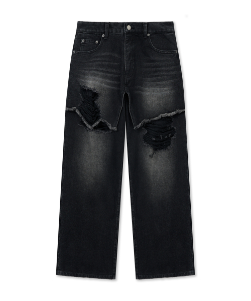 FRONT LAYERED DISTRESSED DENIM PANTS IN BLACK