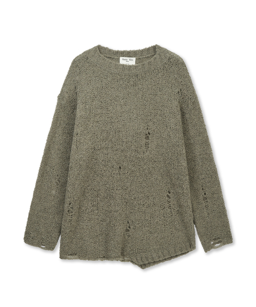 ASYMMETRIC DAMAGED KNIT PULLOVER IN KHAKI
