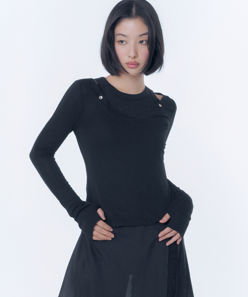 Layered line sheer long sleeve BLACK