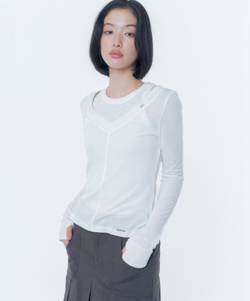 Layered line sheer long sleeve WHITE