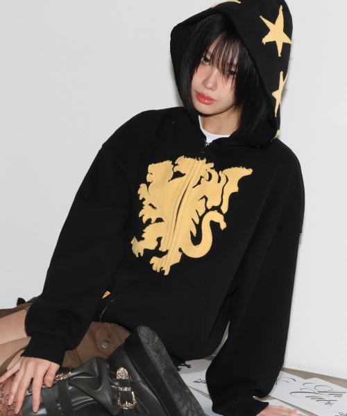 GHD039 키메라 아플리케 후드 집업 (BLACK)