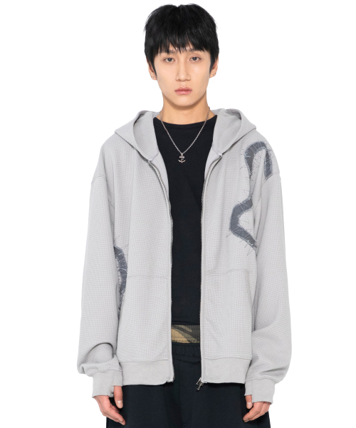 XTT151 플로우 아플리케 와플 후드 집업 (GRAY)