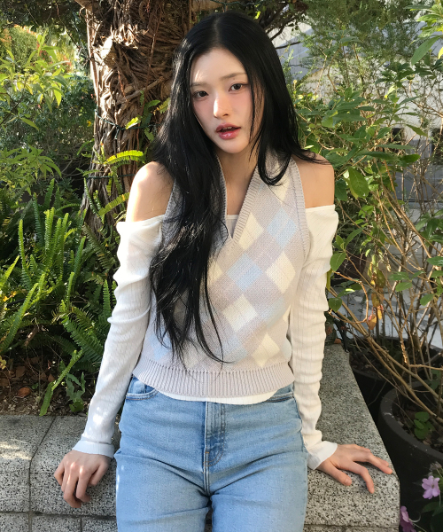 홀터넥 아가일 울 베스트 ( 라이트그레이 )