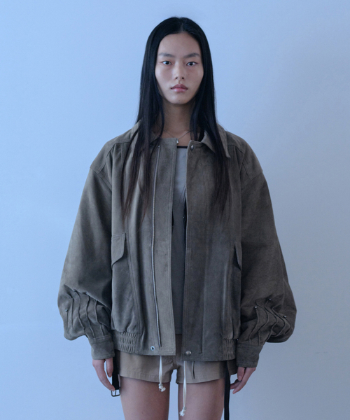 Tucked Rivet Leather Bomber Jumper (toffee brown dusty khaki)