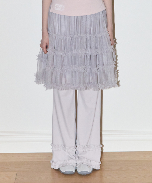 FLARE RUFFLE LAYERED SKIRT PANTS GRAY