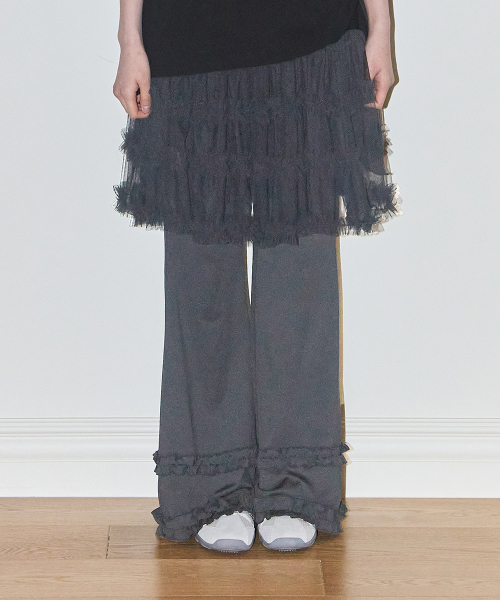 FLARE RUFFLE LAYERED SKIRT PANTS CHARCOAL