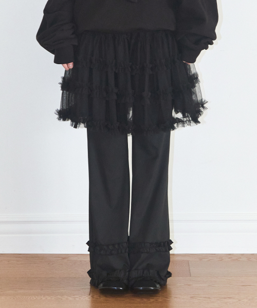 FLARE RUFFLE LAYERED SKIRT PANTS BLACK