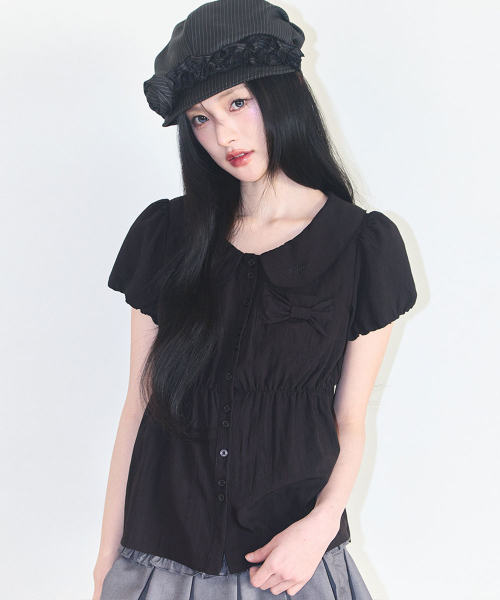 POMING RIBBON PUFF BLOUSE BLACK