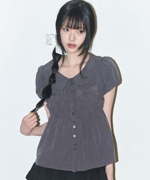 POMING RIBBON PUFF BLOUSE CHARCOAL
