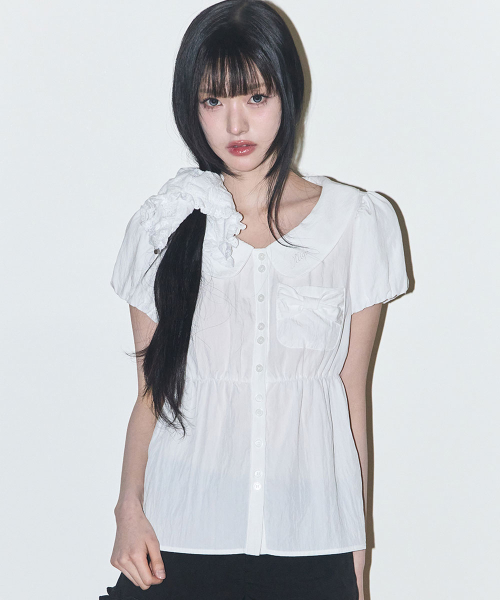 POMING RIBBON PUFF BLOUSE WHITE