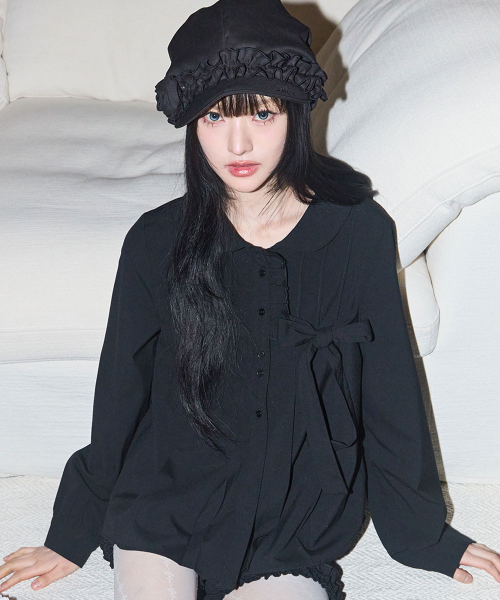 RIBBON PLEATS BLOUSE BLACK