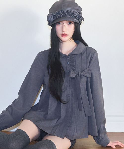 RIBBON PLEATS BLOUSE GRAY