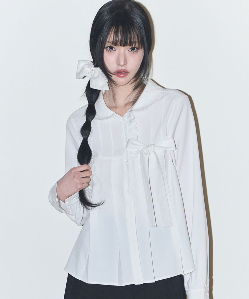RIBBON PLEATS BLOUSE WHITE